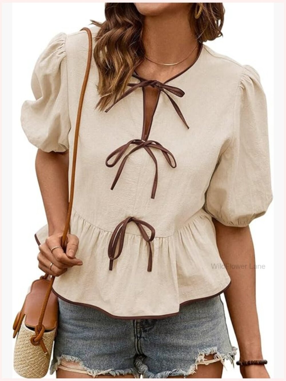 Puff Short Sleeve Bowknot Peplum Blouse Tunics Dressy Casual - Picture 1 of 7